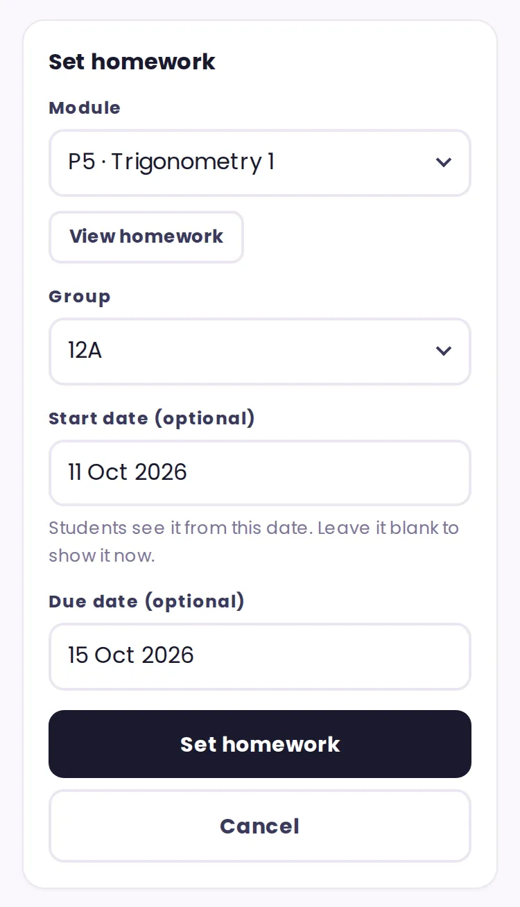 Set homework (on an iPhone the dates open a calendar)