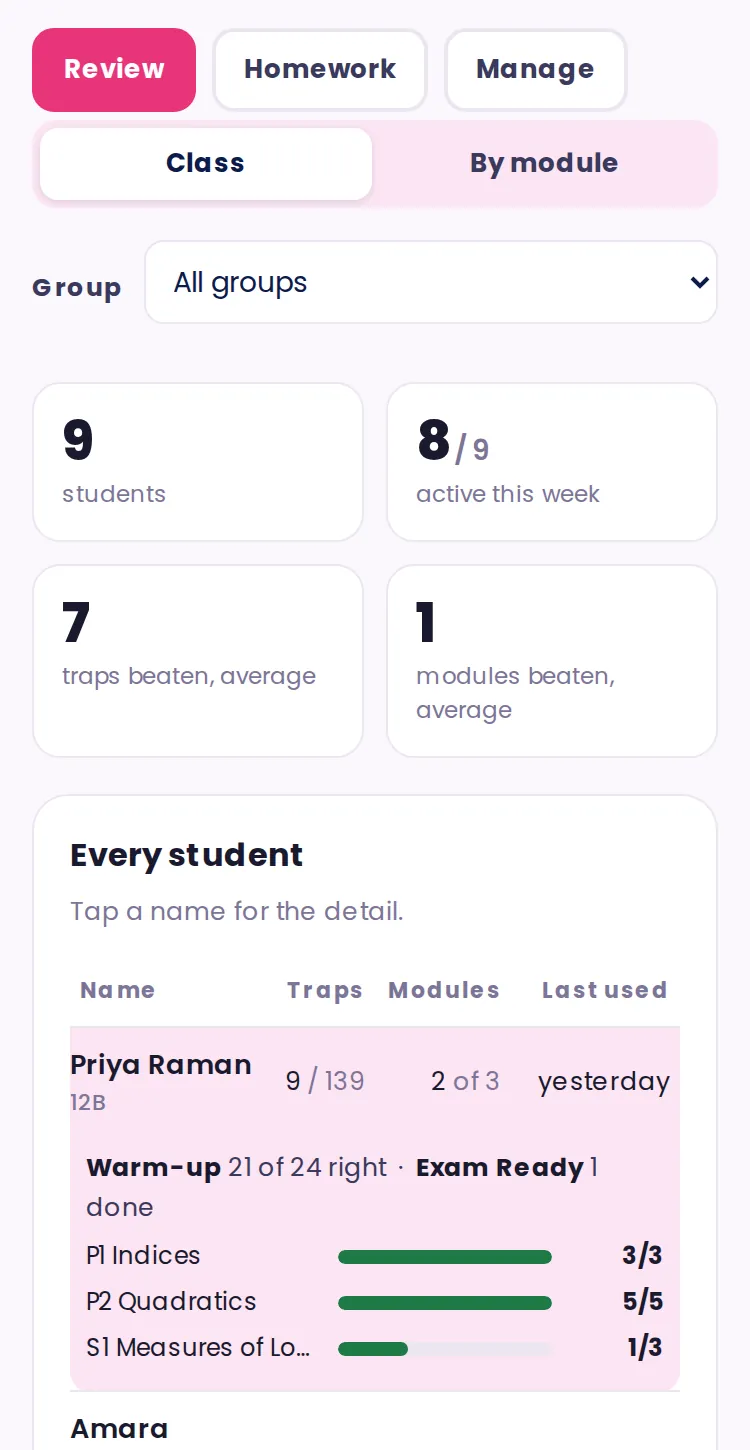 Review → Class, with one name tapped