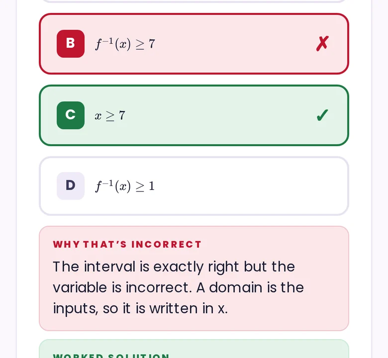 Two answer options from the Functions module. One is marked incorrect in red, one correct in green. Beneath them a box headed "Why that&rsquo;s incorrect" reads: the interval is exactly right but the variable is incorrect, a domain is the inputs, so it is written in x.