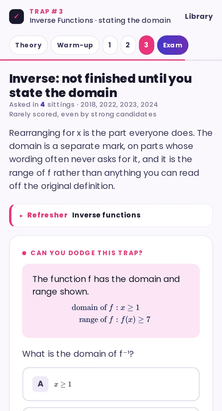 A trap screen from the Functions module, titled "Inverse: not finished until you state the domain". It shows that the trap was asked in four sittings, a short explanation, a worked example giving the domain and range of f, and multiple-choice options.
